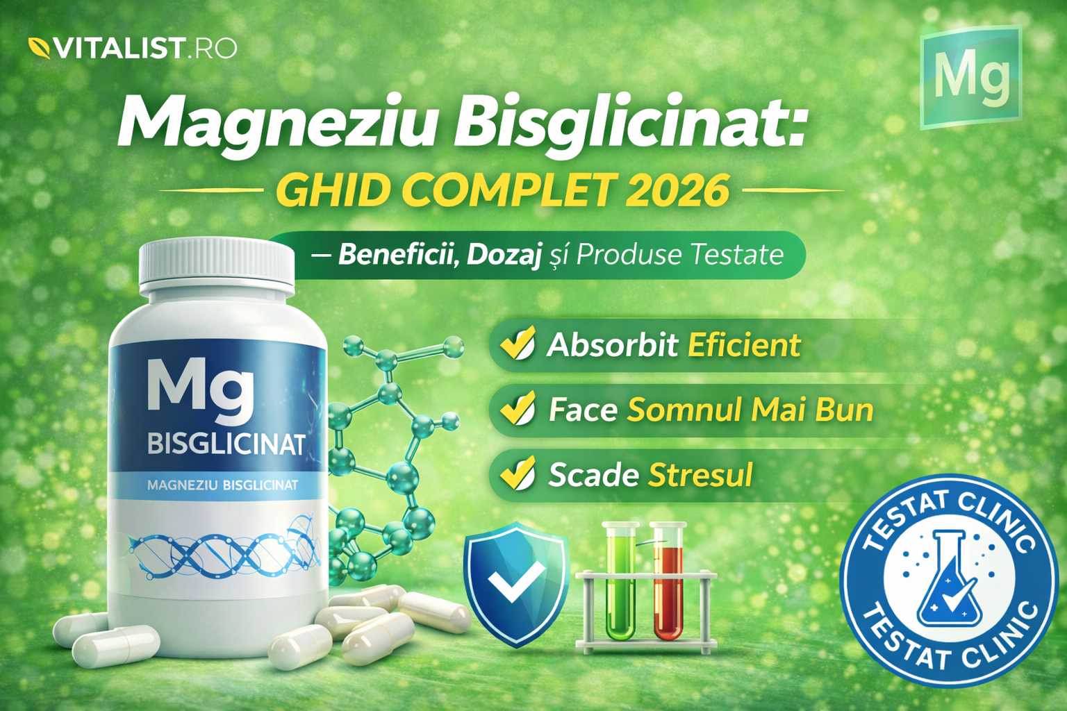 Magneziu Bisglicinat: Ghid Complet 2026 — Beneficii, Dozaj si Produse Testate
